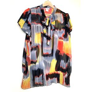 Dori Womens Blouse Multicolor Abstract Short Sleeve Tie Neck Plus 2XL